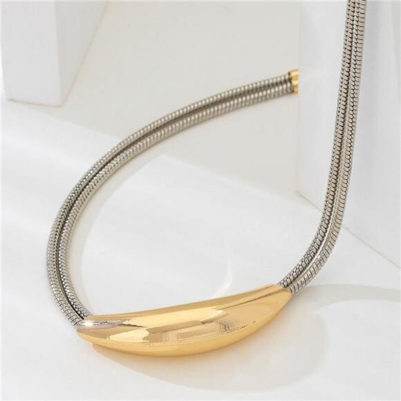 Two-Tone Alloy Curved Pendant Snake Chain Necklace - Picture 3 of 6